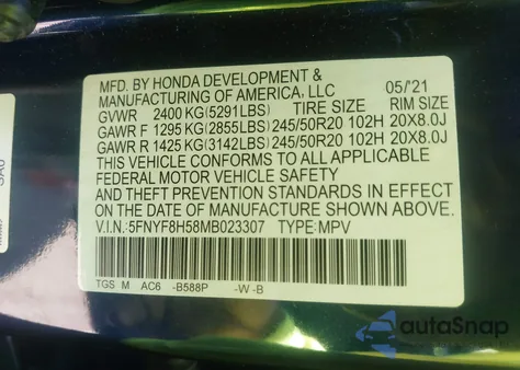 2021 Honda Passport Awd Ex-L from USA, damaged, VIN 5FNYF8H58MB023307